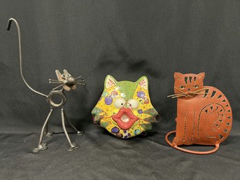 Cat-Themed Decorations Including Metal Cat Figure, Porcelain Cat Face, & Metal Welded Cat Statue
