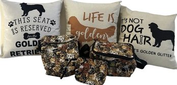 Three Golden Throw Pillows & Three Dog Themed Bags (2 Insulated & One Zipper Pouch).