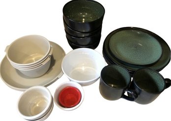 Miscellaneous  Dishes, Black And Green Partial Set, Plastic Bowls And Plates, Ramekin