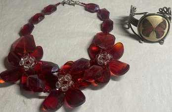 Womens Red Glass Floral Necklace And Butterfly Bracelet.
