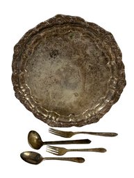 12in Silver Tone Plater (Damage To Foot) With Silvertone And Silver Plated Cutlery