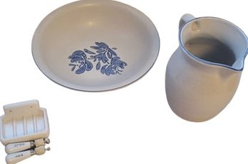 Ceramic Basin 12' DIA , Ceramic Pitcher (8'h X 6 DIA), Soap Dish (4.5' X 3'), Antique Faucet  Handles