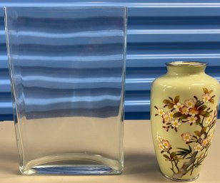 Vases! One Floral (4x8.75 Inches) And The Other-contemporary Clear Glass (7.75x2.5x11.75 Inches)