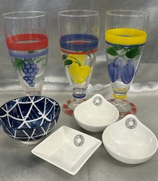 3 Hand Painted Glasses And World Market Ramekins, Blue Porcelain Nowl