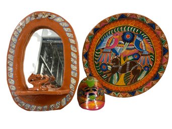 Clay Decorative Plate (11in), Colorful Clay Mask (some Damage To Back Of Mask), And Mirror