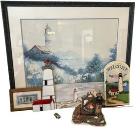 Lighthouse Decor, 1999 Dickens Village Series, Stain Glass, Signs, Large Framed 35x29