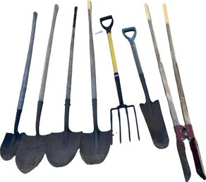 Gardening Tool Set Including Shovels, Pitchfork, And Post Hole Digger