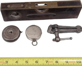 Antique Stanley Tape Measure,  Level, Tools & Compass