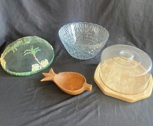 Wooden Pineapple Bowl, Palm Tree Food Cover, Large Glass Serving Bowl, Wooden Cake Plate With Glass Dome.