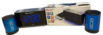 Pair Of Emerson Smart Set Alarm Clocks With Pair Of 808 Bluetooth Speakers (3in Tall)
