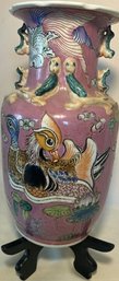 Vintage Chinese Porcelain Vase, Mauve With Stand