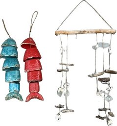 Wind Chime Collection Including Two Ceramic Fish, Wooden Chime, And Bamboo/coconut Chime