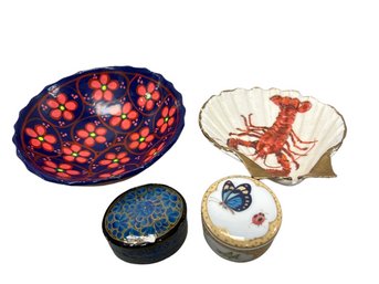 Lobster Printed Seashell, Three-legged Bowl, And Small Jewelry Boxes. Shell & Bowl