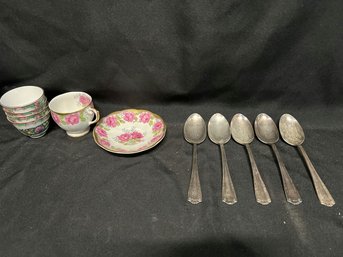 Fine Bone China Cups & Plate With (5) WM.A.RODGERS Hotel Plated Spoons