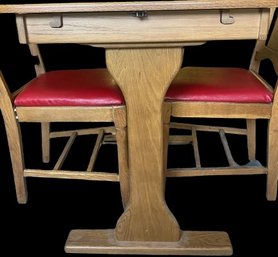 Small Dining Table With Enclosed Leaf & 2 Chairs With Red Vinyl. Table Is 35x27x29. Leaf Ads 10