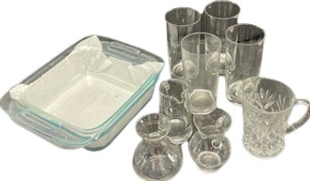 Pyrex Baking Dishes. Tall Drinking Classes. Small Pitchers. Glass Vase.