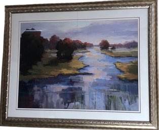 Large Framed Colorful Trees Water Artwork: 45x36 '