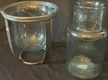 Large Pale Green Glass Vases. One With Metal Rack.