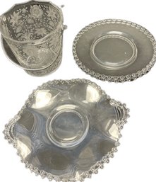 Etched Glass, Ice Bucket. Imperial Glass Plates And Platters.