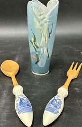 Pottery Vase And Set Of Wooden And Ceramic Serving Utensils