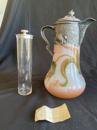 ANTIQUE VICTOR SAGLIER ART NOUVEAU GLASS And METAL EWER/DECANTER With  Cross Of Loraine Overlay Crystal