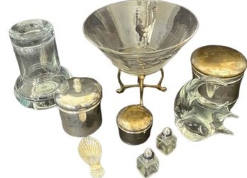 Glass, Silver & Gold Tone Decor: Candle Holder, Bowl, Jars, S&P & Fish Figurine