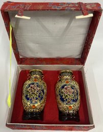 Pair Of Chinese Jingfa Cloison Vases With Intricate Floral Design, Box Is 6 3/4'L