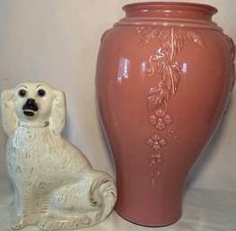 Big Pink Glass Vase And Ceramic White Dog