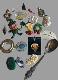 Assorted Pins, Pendants And A Silver Plate Spoon