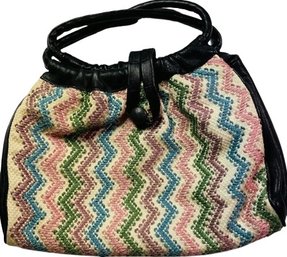 Leather Trimmed Needlepoint Design Handbag. Inside Pocket