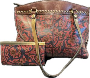 Patricia Nash Large Leather Tote And Matching Wallet - Both Burgundy Floral - 12' Height