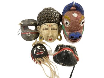 Handmade Wooden Masks From Various Countries- Indonesian Mask Is 7.5x10, Masks Have Some Cracks And Paint Chip