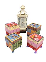 Lantern (14x6) With Battery Operated Candle And 4 Decorative Storage Boxs (Sm 5x4x4, Lg 6x5x5)
