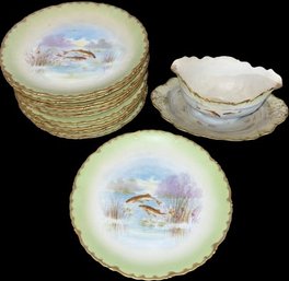 (12) Elite Works Fish Themed Plates, Gravy Boat, & Serving Dish