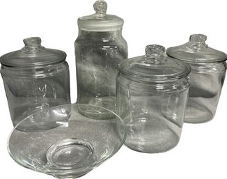 4 Large Glass Jars And Glass Dish