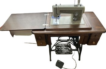 New Home Sewing Table & Electric Sears Kenmore Sewing Machine With Scissors & Pins - Table Is 35Wx19Dx31