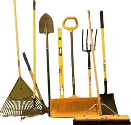 Assortment Of Lawn Tools Including Rakes, Shovels, Push Broom, PickAxe And More!