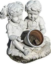 Porcelain Children Holding A Pot, Lawn Decor - 11 Inches Tall