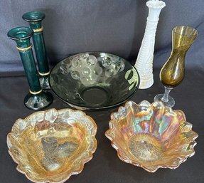 Carnaval Glass, Vintage Flower Vases, Glass Candlestick Holders