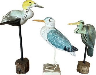Trio Of Wooden Bird Statues (Height Pictured)