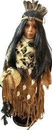 American Indian Themed Stand Up Doll With Round Base With Butterfly/Feather Head Dress, Faux Fur, (28in Tall)