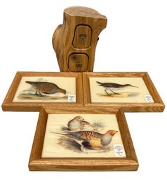 Set Of Graphic Art Tiles (3) With Wooden Decor With Drawers (7in Tall)