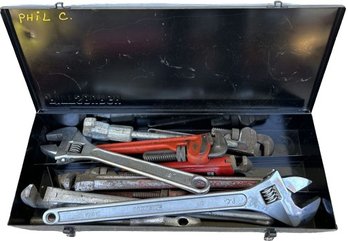 Pittsburg Tool Box Full Of Very Large Crescent And Pipe Wrenches (27x10.5x4.5)