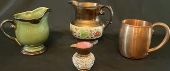 Copper Tone, Green & Floral Decor: Pitchers & Mug.