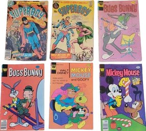 Vintage Comic Books. Superboy, Bugs Bunny, Mickey Mouse.