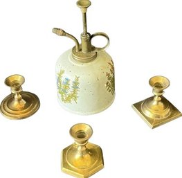 Vintage Ceramic & Brass Sprayer & 3 Brass Candlestick Holders
