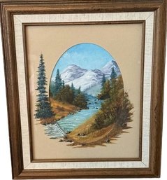 Framed Artwork Of Trees, Mountains And River. Signed By Artist 12.5x10.5