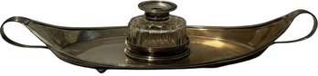 Silver Plate And Glass Oval Inkwell - 12'L