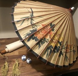 26 Paper Umbrella, Chinese Wall Art With Water Damage, Tassles And Large Blue And White Beads