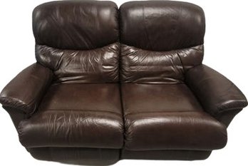 LAZBOY Dual Recliner Brown Leather Love Seat- Shows Some Wear, 61Wx39Dx40T When Legs Are In